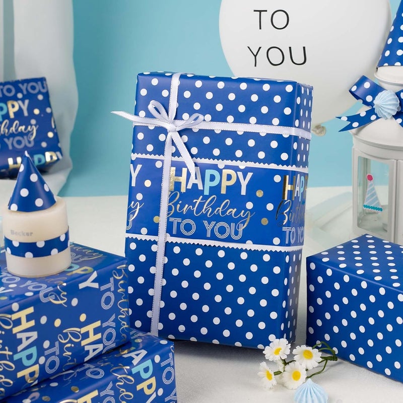 MAYPLUSS ورق تغليف عيد ميلاد سعيد قابل للعكس - 17 بوصة × 33 قدم - ظلال من الأزرق مع حروف عيد الميلاد المعدنية للأولاد هدايا تغليف ورق للأطفال والرجال والآباء لمناسبات العطلات وحفلات استقبال المواليد ويوم الأب - Image 3